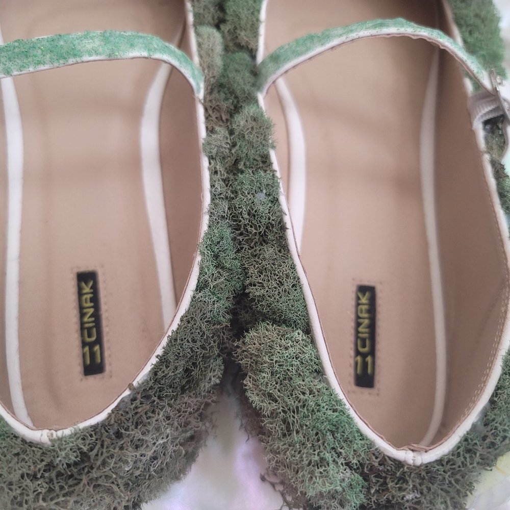 Custom One of a Kind Size 11 Topiary Moss and Flower Flat Mary Jane Shoes OOAK - Picture 5 of 11
